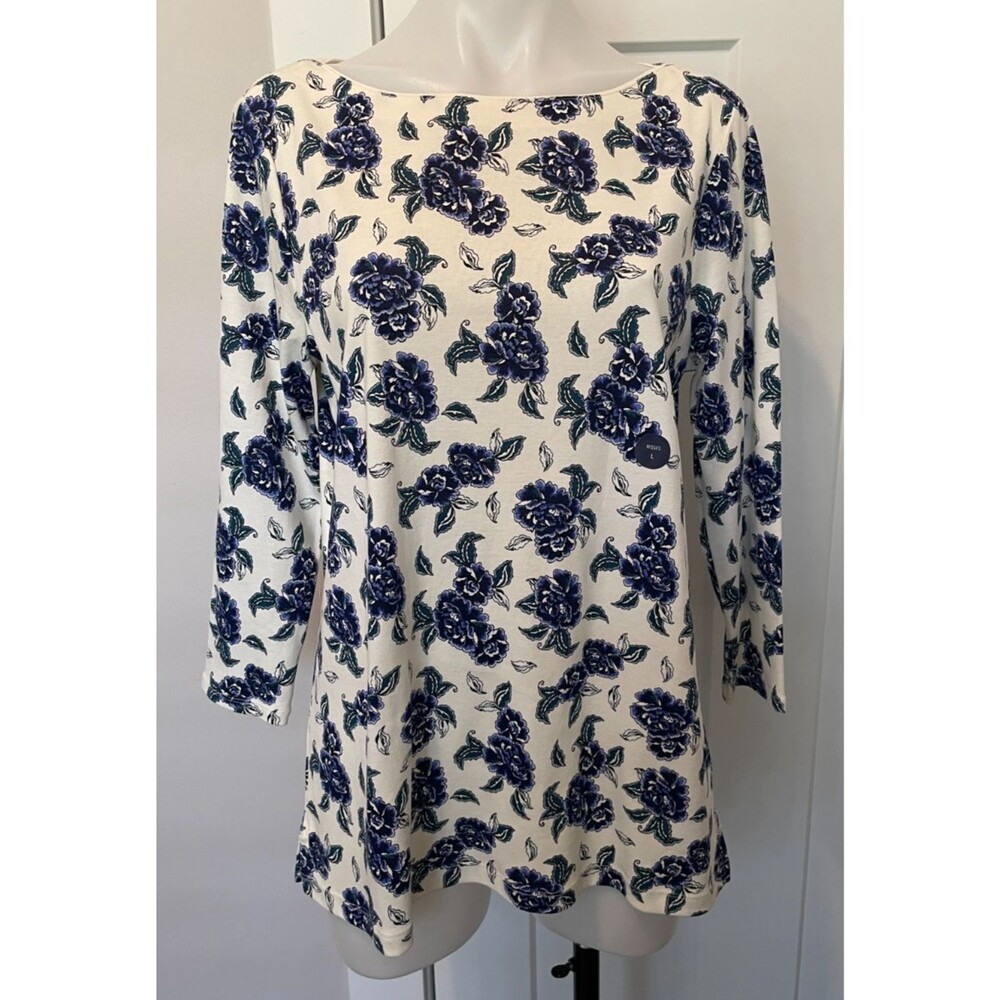 LANDS END Womens Knit TOP 3/4 Sleeve BLUE Green Ivory FLORAL Size L 14-16